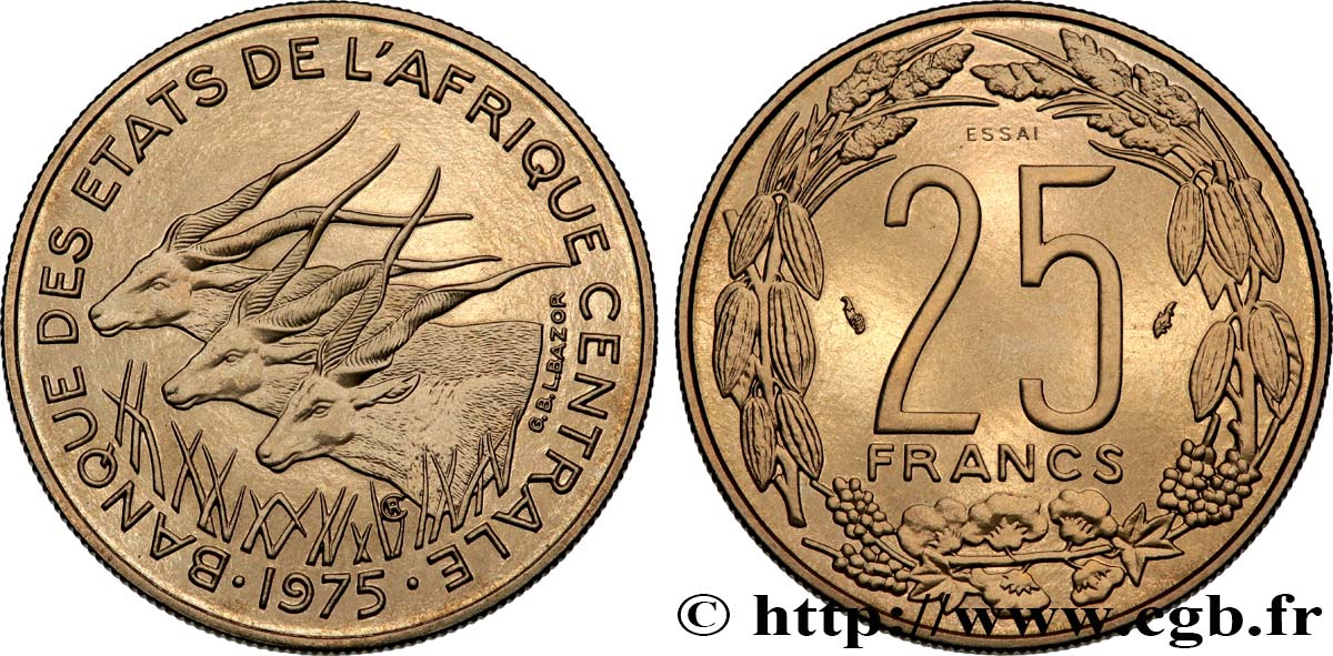 CENTRAL AFRICAN STATES Essai de 25 Francs grandes antilopes 1975 Paris MS