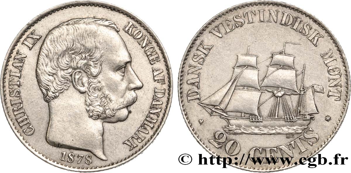 INDES DANOISES 20 Cents Christian IX 1878  TTB+ 