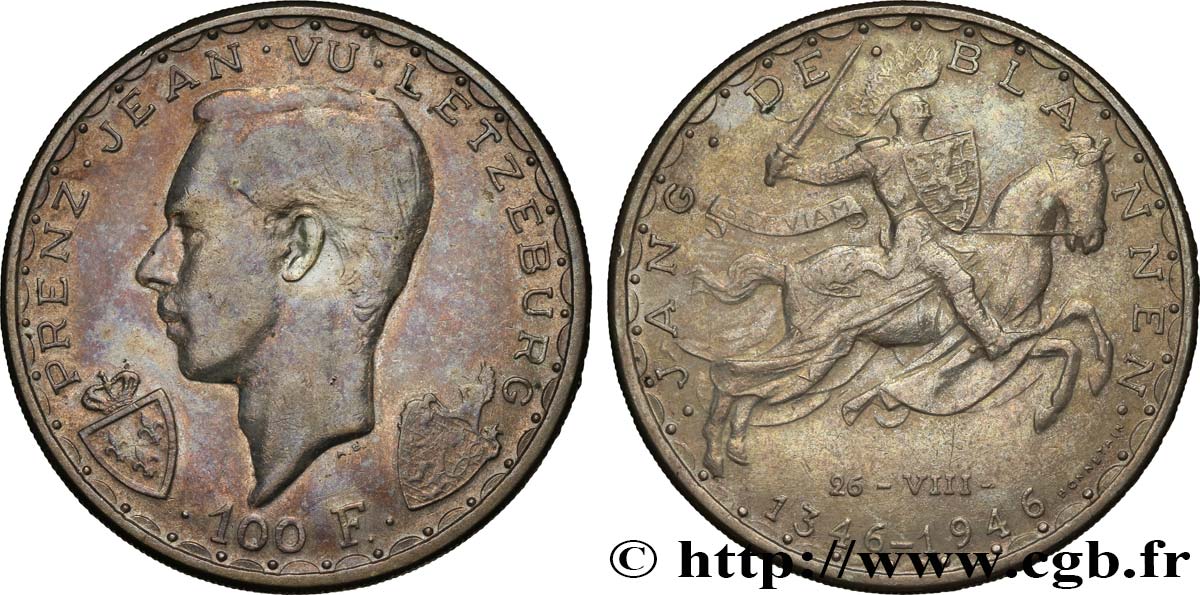 LUXEMBOURG 100 Francs prince Jean, 600e anniversaire de mort de Jean Ier de Luxembourg 1946  TB+/TTB 