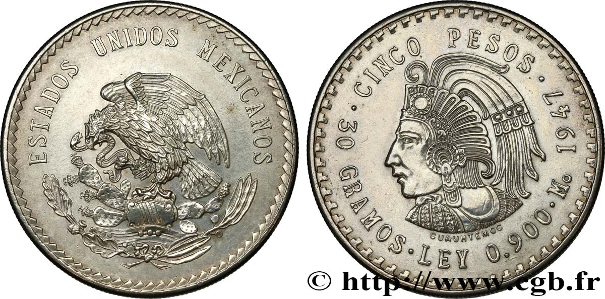 MEXIQUE 5 Pesos Cuauhtemoc 1947 Mexico SPL 