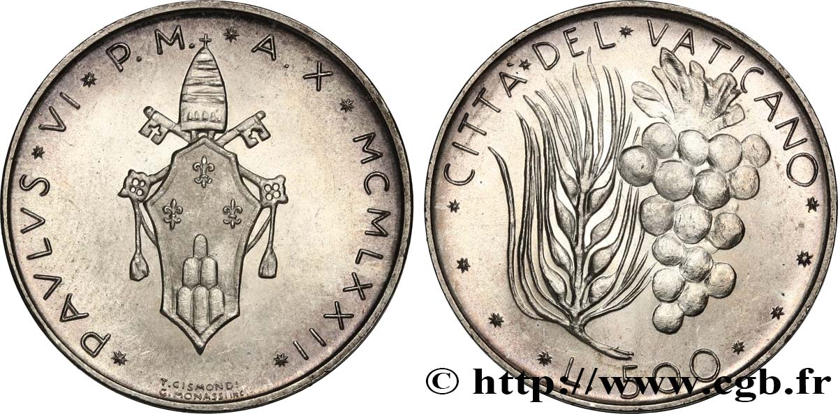VATIKANSTAAT UND KIRCHENSTAAT 500 Lire frappe au nom de Paul VI an X 1972 Rome fST