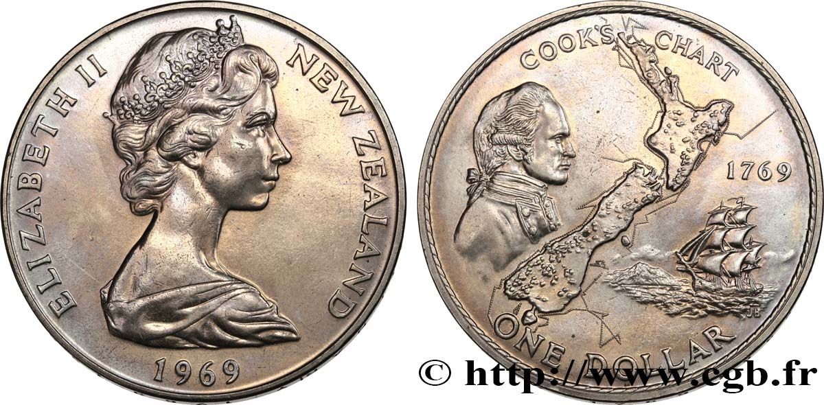 NEW ZEALAND 1 Dollar Elisabeth II / 200e anniversaire du voyage du capitaine Cook 1969 Camberra MS