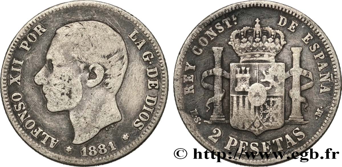 ESPAGNE 2 Pesetas Alphonse XII / emblème couronné (1881) 1881  TB