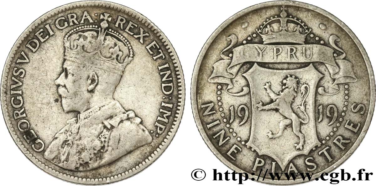 CYPRUS 9 Piastres Georges V 1919 VF