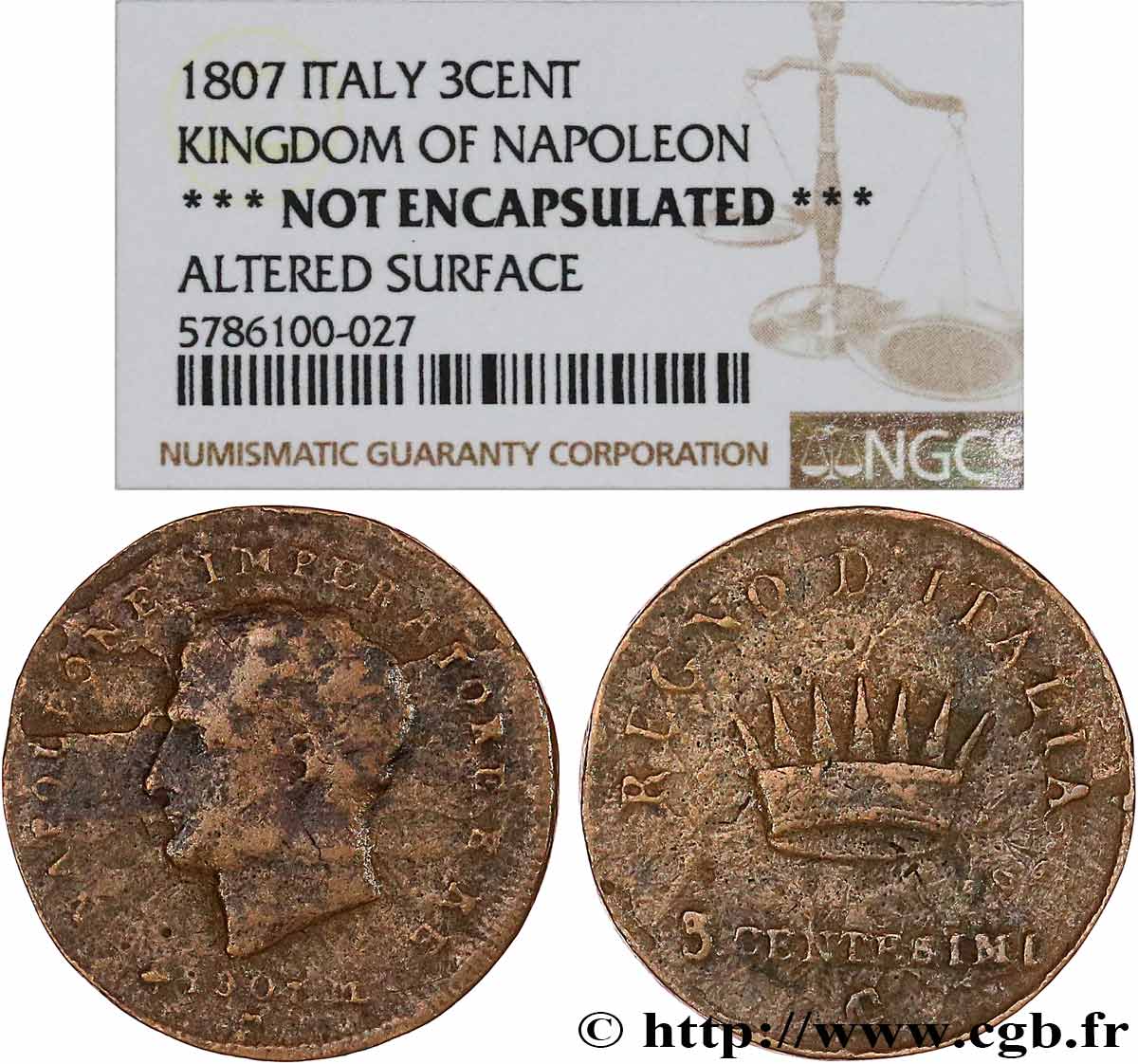 ITALY - KINGDOM OF ITALY - NAPOLEON I Épreuve 3 Centesimi 1807 Milan VG 
