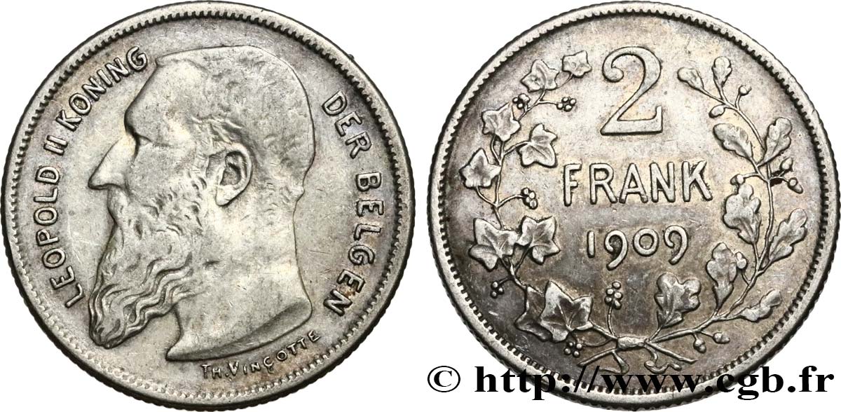 BÉLGICA 2 Frank (Francs) Léopold II légende flamande 1909  BC+ 