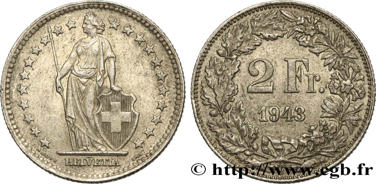 SUIZA 2 Francs Helvetia 1943 Berne MBC+