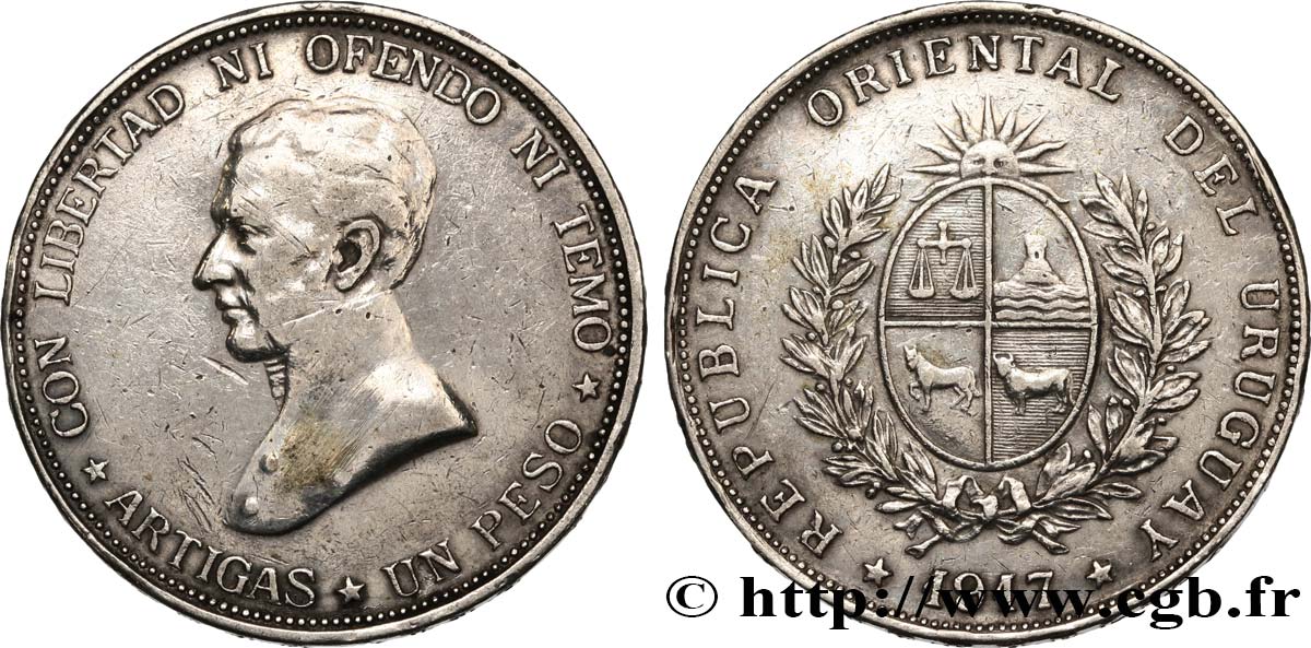 URUGUAY 1 Peso Gaucho Jose Gervasio Artigas 1917  TB+ 