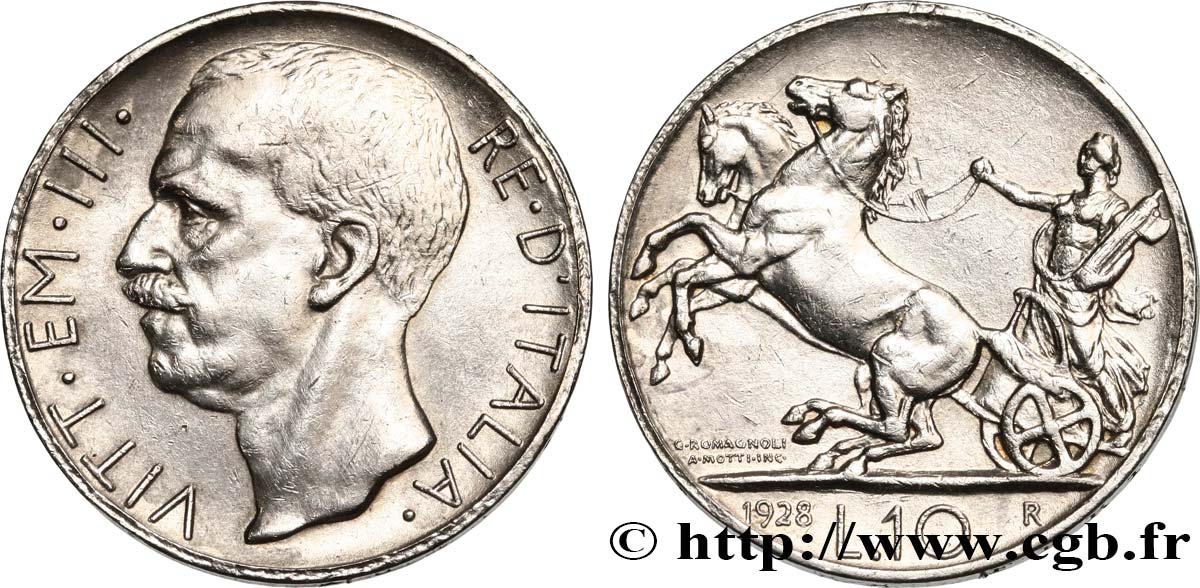 ITALY - KINGDOM OF ITALY - VICTOR-EMMANUEL III 10 Lire - type tranche **FERT** 1928 Rome AU 