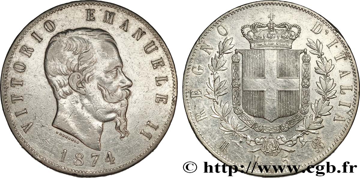 ITALIE 5 Lire Victor Emmanuel II 1874 Milan TB+