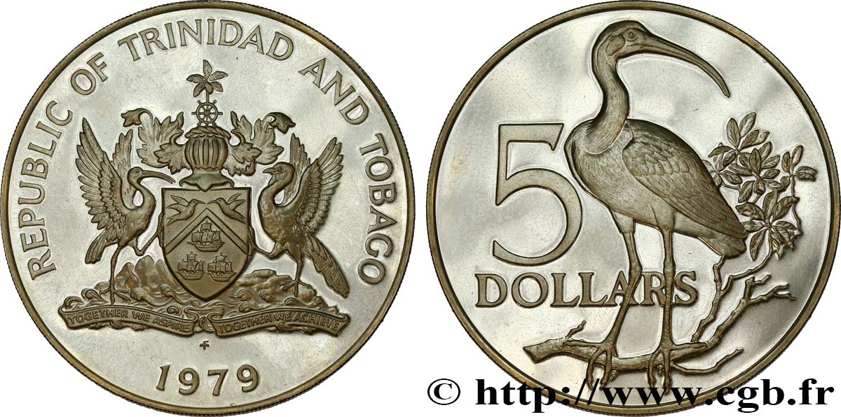 TRINIDAD and TOBAGO 5 Dollars Proof Ibis 1976  MS 