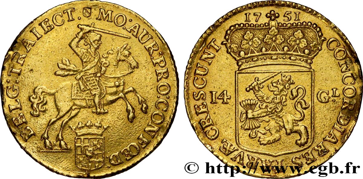 PAíSES BAJOS - PROVINCIAS UNIDAS - UTRECHT 14 Gulden ou cavalier d or 1751 Utrecht MBC 