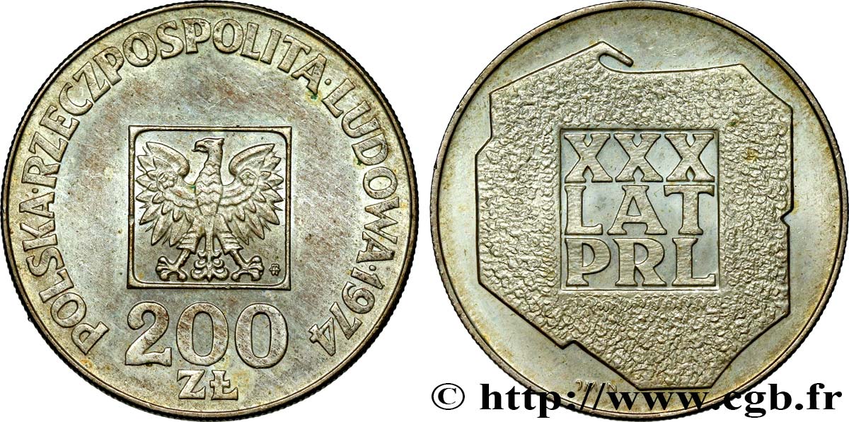 POLOGNE 200 Zlotych aigle 30e anniversaire de la fondation de la république populaire 1974 Varsovie SUP