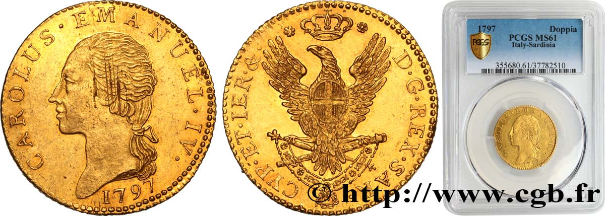 ITALY - KINGDOM OF SARDINIA - CHARLES EMMANUEL IV 1 Doppia 1797 Turin MS61 PCGS