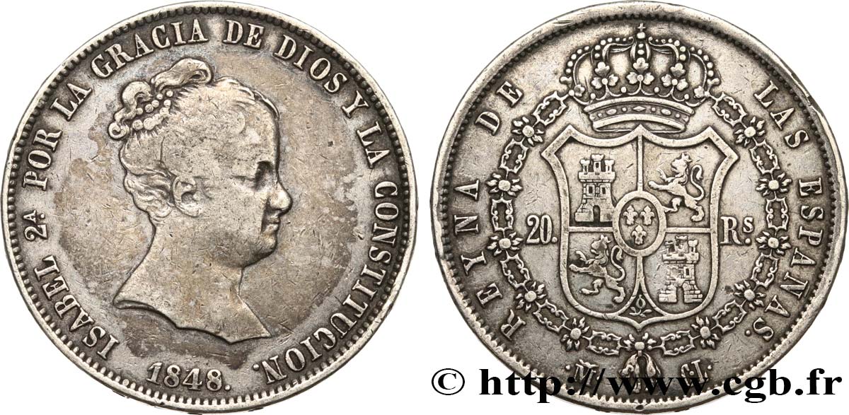 ESPAGNE 20 Reales Isabelle II 1848 Madrid TTB 