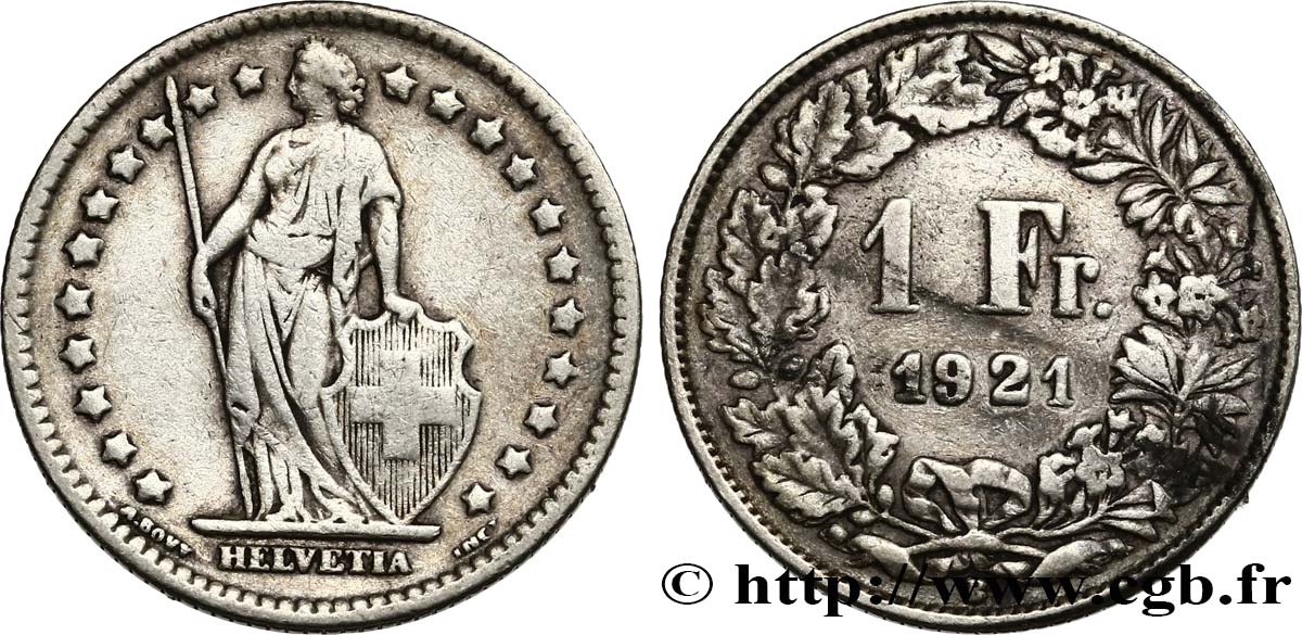 SUISSE 1 Franc Helvetia 1921 Berne - B TB+