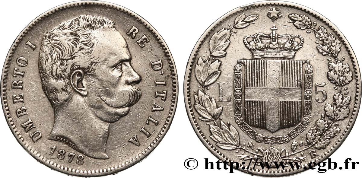 ITALY - KINGDOM OF ITALY - UMBERTO I 5 Lire 1878 Rome VF 