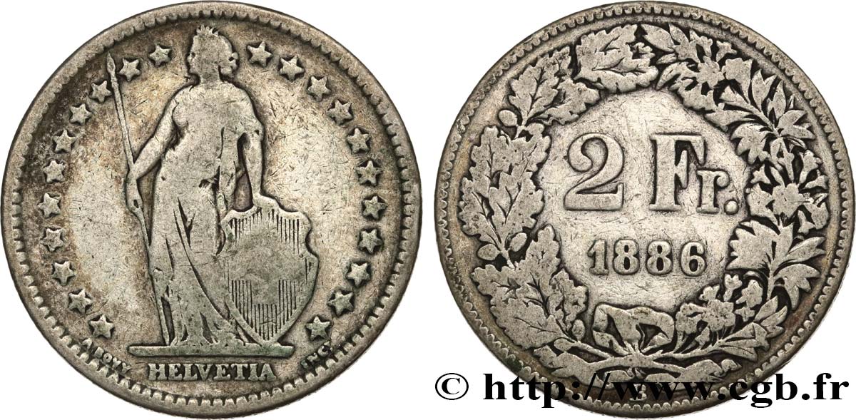 SWITZERLAND 2 Francs Helvetia 1886 Berne VF