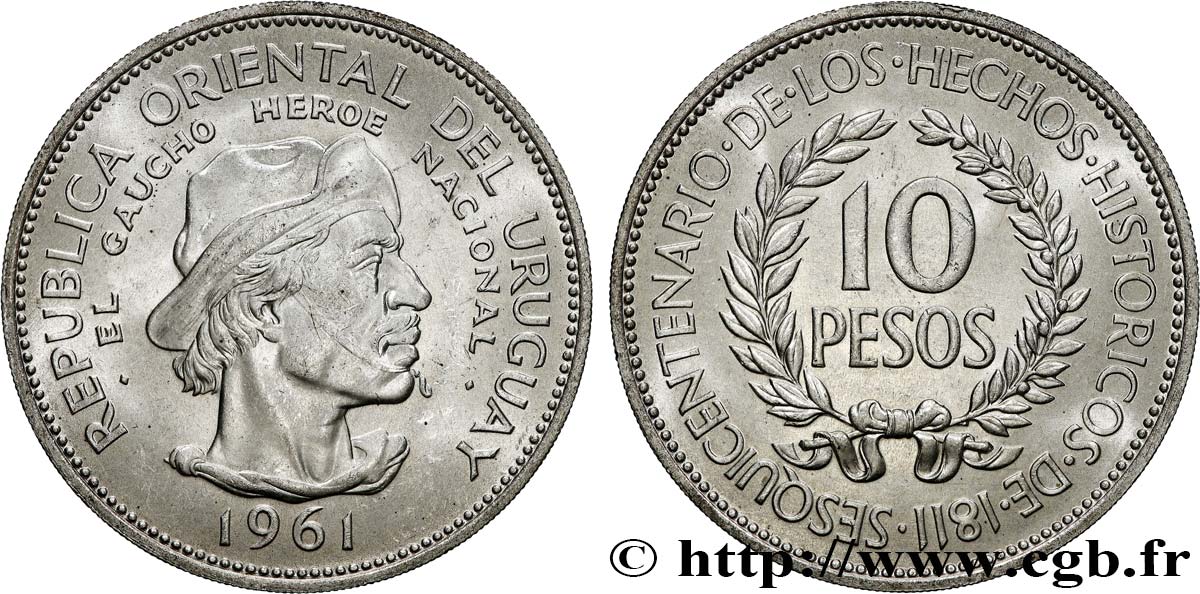 URUGUAY 10 Pesos Gaucho 1961  MS 