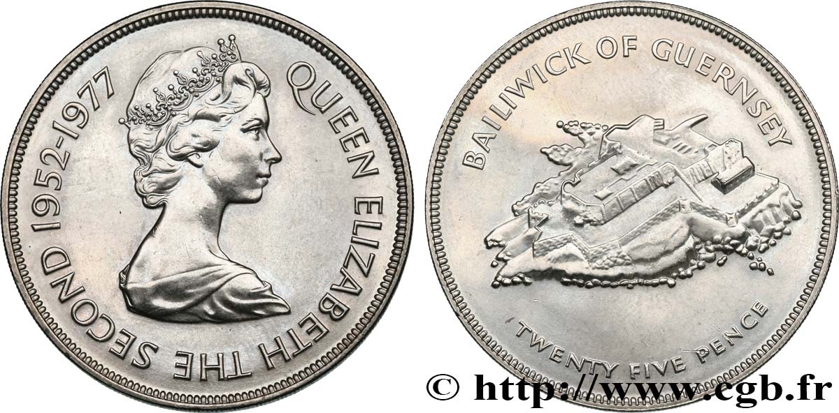 GUERNSEY 25 Pence Elisabeth II, jubilé d’argent / Castle Cornet 1977  fST 