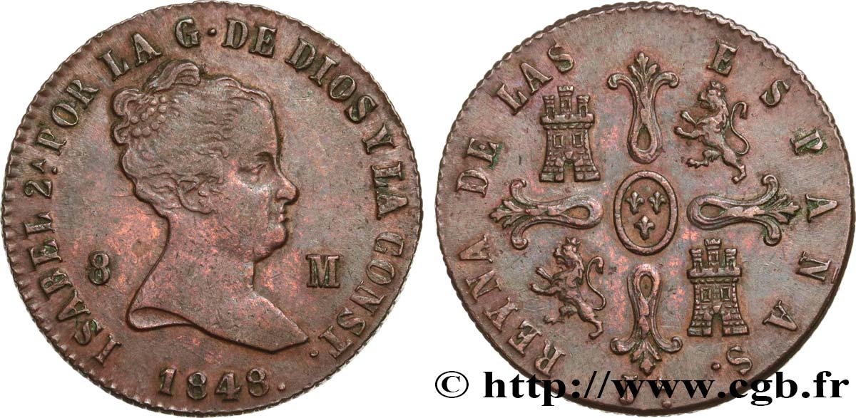 ESPAGNE 8 Maravedis Isabelle 1848 Jubia TTB+