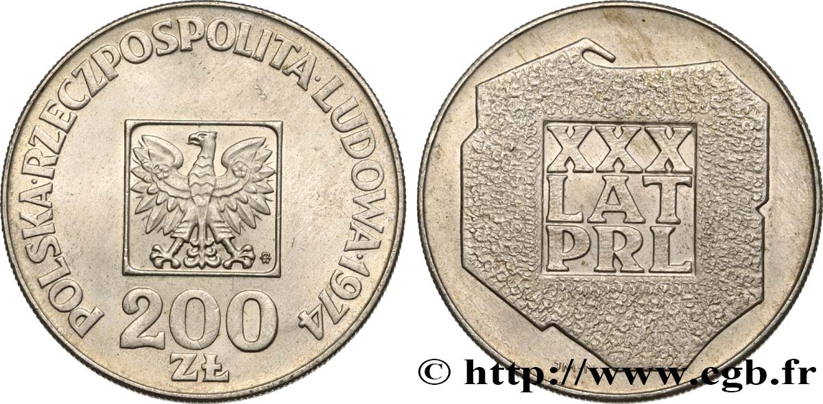 POLOGNE 200 Zlotych aigle 30e anniversaire de la fondation de la république populaire 1974 Varsovie SUP