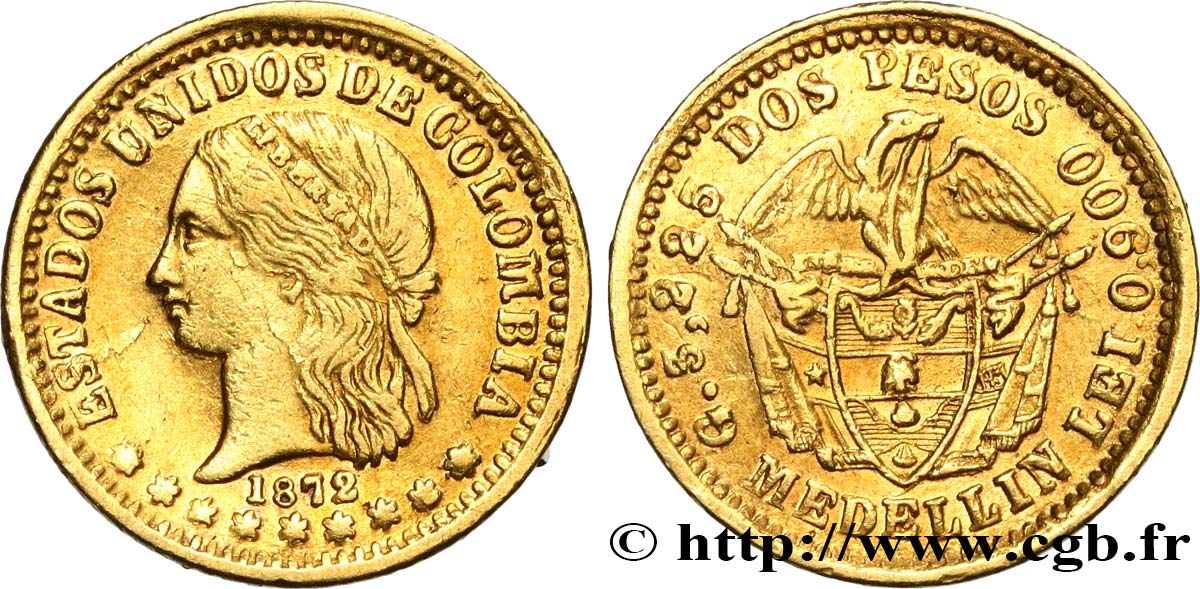 COLOMBIA - REPUBLIC OF COLOMBIA 2 Pesos 1872 Medellin VF 