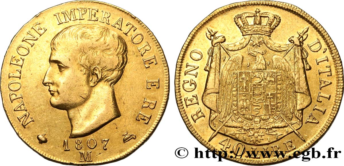 ITALIE - ROYAUME D ITALIE - NAPOLÉON Ier 40 Lire, 1er type 1807 Milan TTB+/SUP 