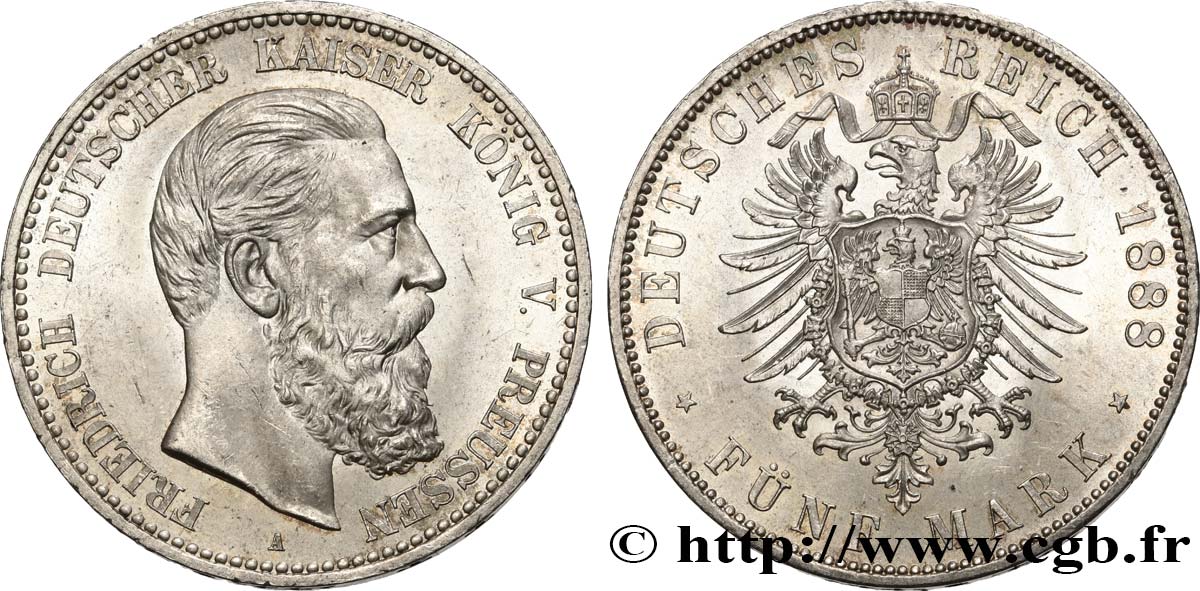 GERMANY - PRUSSIA 5 Mark Frédéric III 1888 Berlin MS 