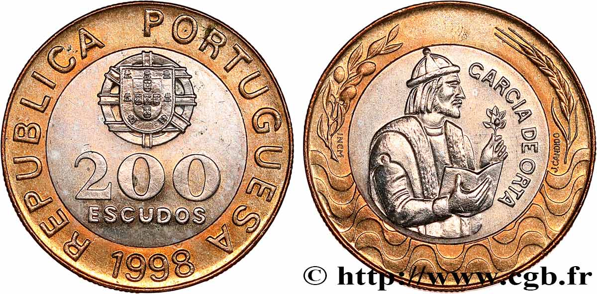 PORTUGAL 200 Escudos emblème / le médecin et Botaniste Garcia de Orta 1998 SPL