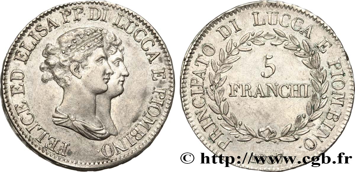 ITALY - PRINCIPALTY OF LUCCA AND PIOMBINO - FELIX BACCIOCHI AND ELISA BONAPARTE 5 Franchi 1807 Florence AU 