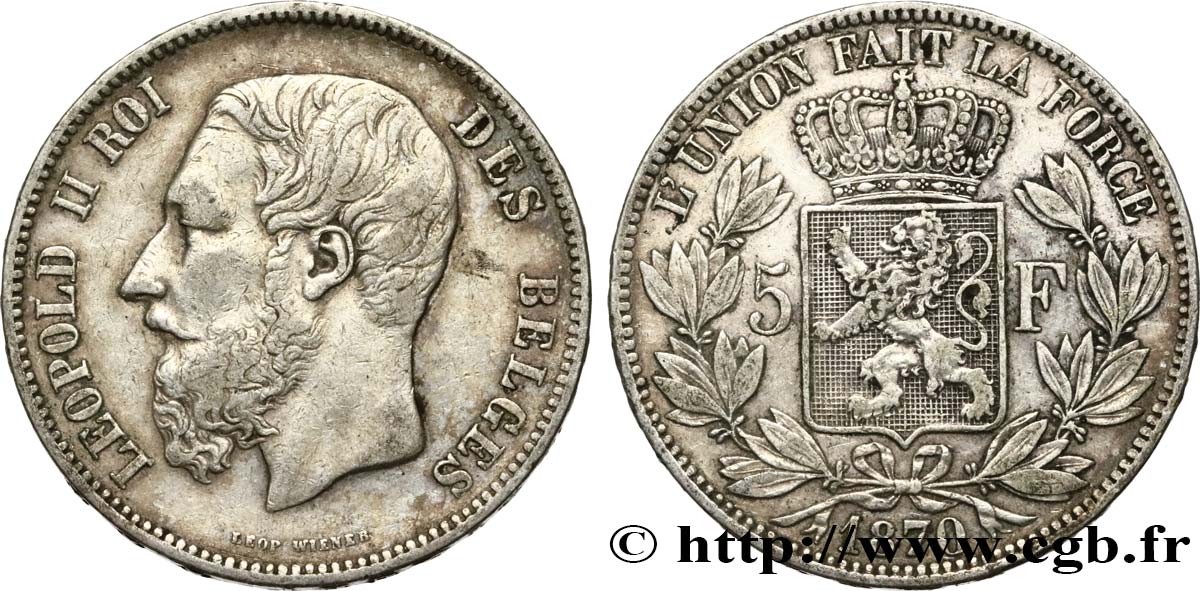 BELGIQUE 5 Francs Léopold II 1870 TB+