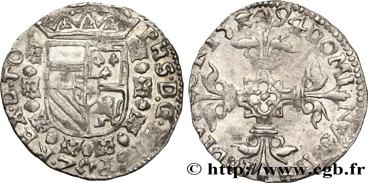 PAYS-BAS ESPAGNOLS - TOURNAI - PHILIPPE II D ESPAGNE 1/20 Écu 1594 Tournai SPL 