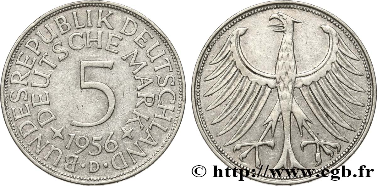 GERMANY 5 Mark aigle 1956 Munich XF 