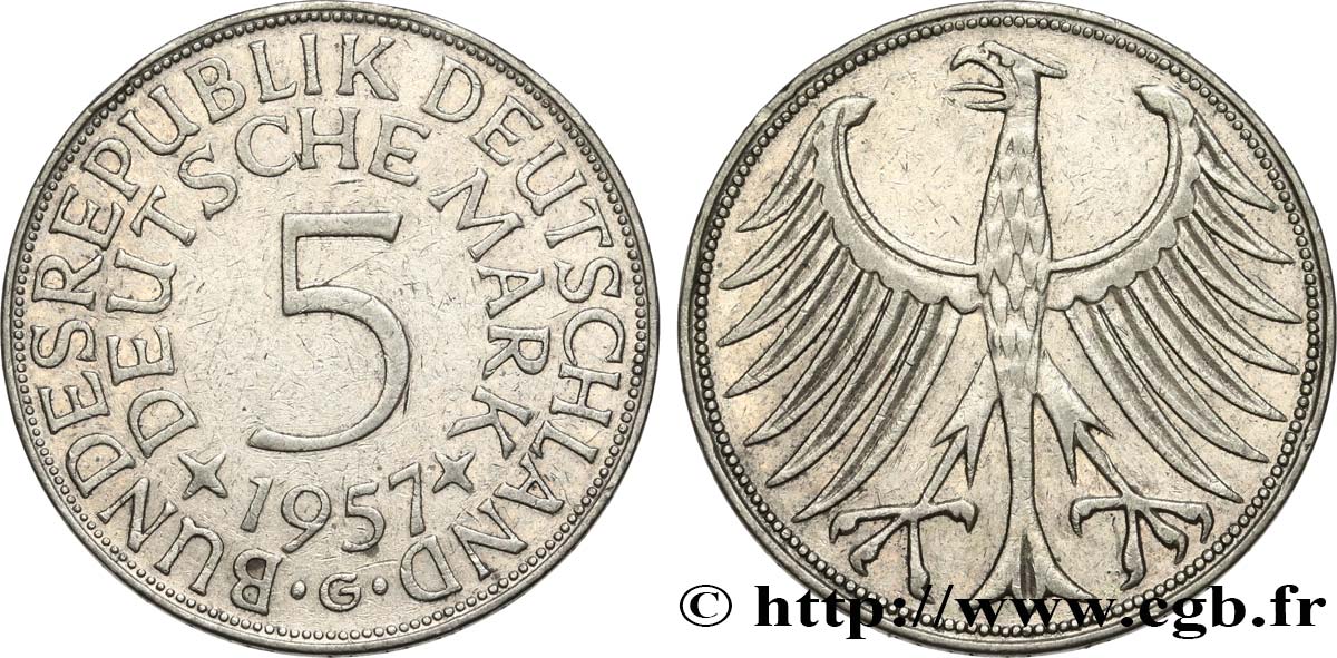 GERMANY 5 Mark aigle 1957 Karlsruhe AU 