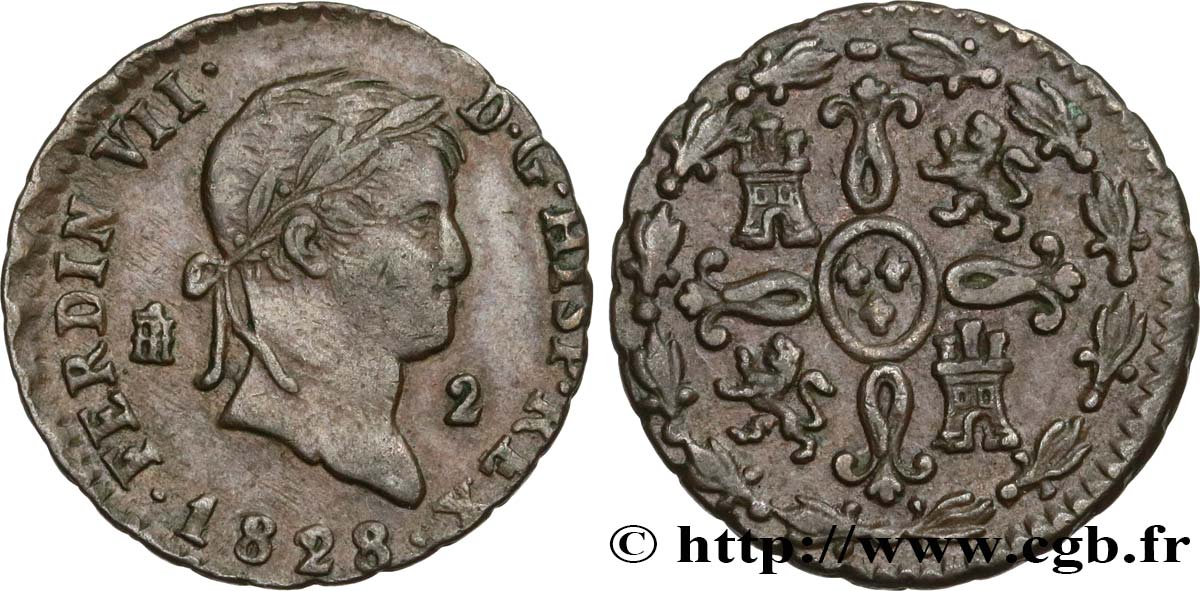 ESPAGNE 2 Maravedis Ferdinand VII 1828 Ségovie TTB+/SUP