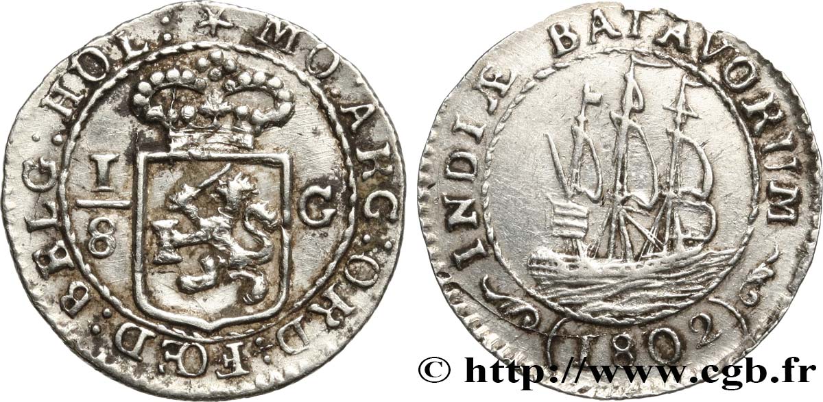 INDES NEERLANDAISES 1/8 Gulden République Batave 1802 TTB+