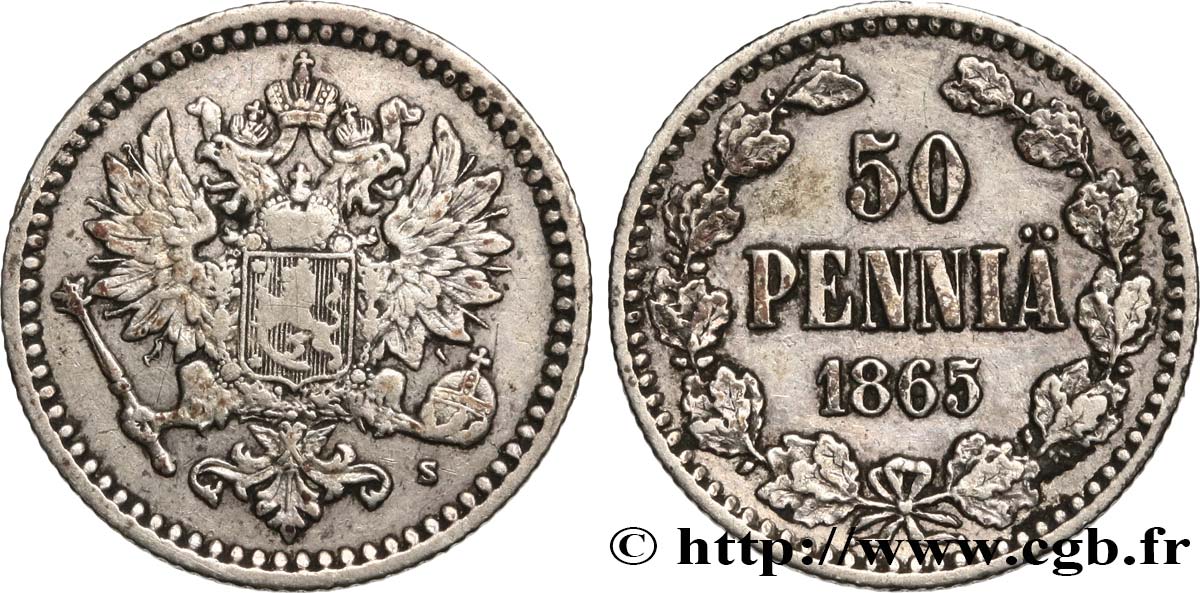 FINLANDIA 50 Pennia aigle bicéphale 1865 Helsinki BB 