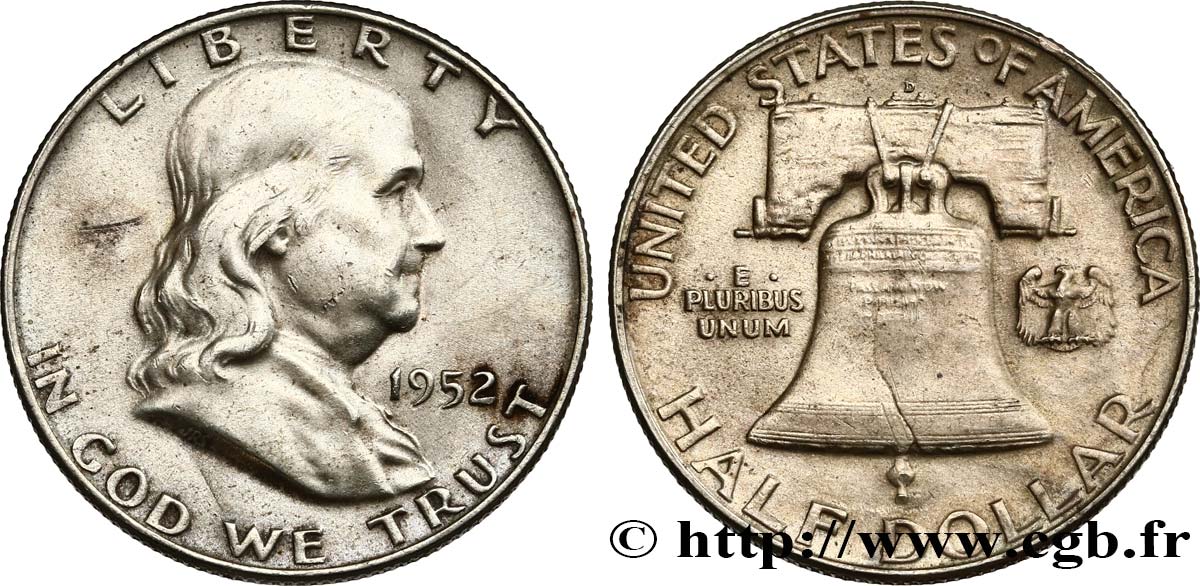 ÉTATS-UNIS D AMÉRIQUE 1/2 Dollar Benjamin Franklin 1952 Denver TB+