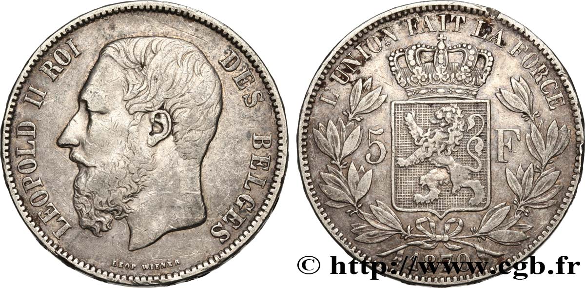BELGIQUE 5 Francs Léopold II 1870 TB+