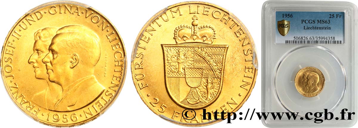 LIECHTENSTEIN - PRINCIPALITY OF LIECHTENSTEIN - FRANCIS JOSEPH II 25 Franken 1956  MS63 PCGS