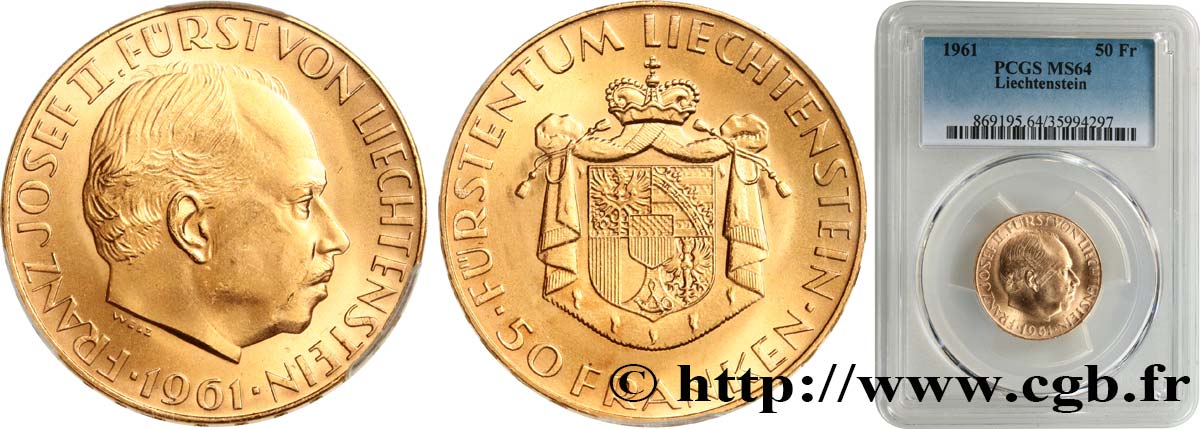 LIECHTENSTEIN - PRINCIPALITY OF LIECHTENSTEIN - FRANCIS JOSEPH II 50 Franken 1961  MS64 PCGS