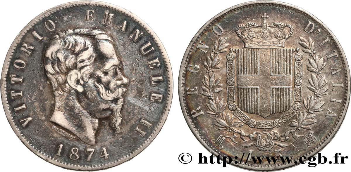 ITALIE 5 Lire Victor Emmanuel II 1874 Milan TTB