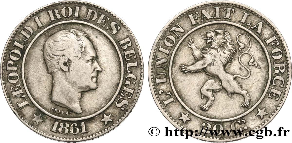 BELGIO 20 Centimes Léopold Ier 1861 BB