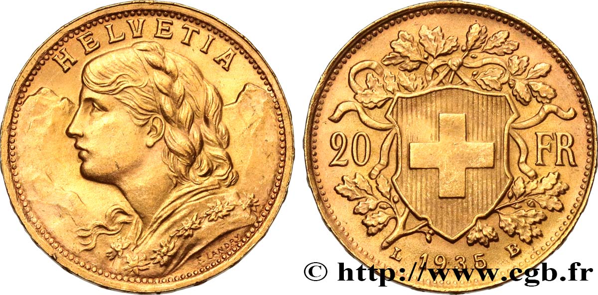 SWITZERLAND 20 Francs  Vreneli   1935 Berne AU 