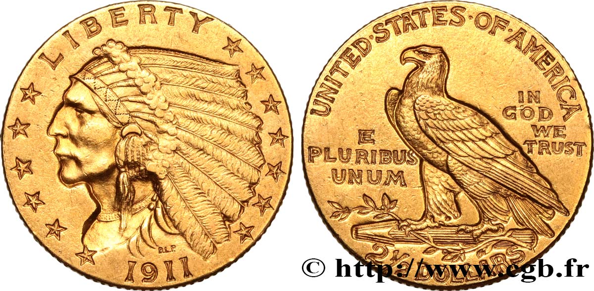 UNITED STATES OF AMERICA 2 1/2 Dollars  Indian Head  1911 Philadelphie AU 