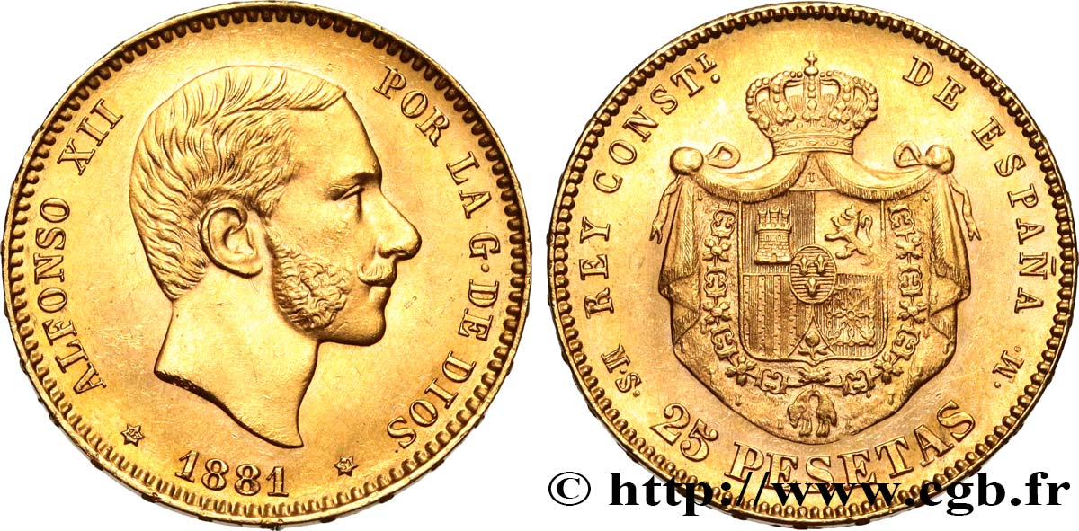 ESPAGNE 25 Pesetas Alphonse XII 1881 Madrid SPL 