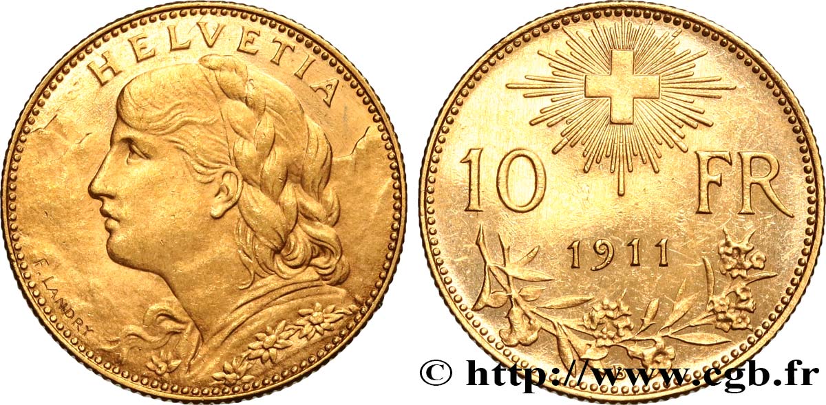 SWITZERLAND 10 Francs or  Vreneli  1911 Berne AU 
