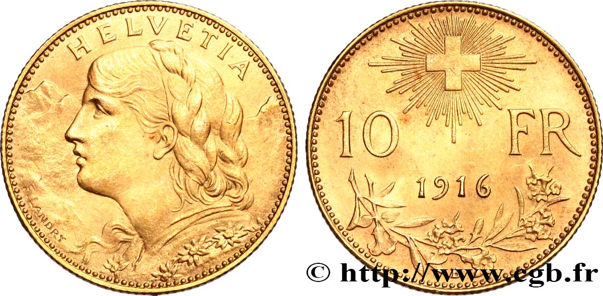 SUIZA 10 Francs or  Vreneli” 1916 Berne SC 