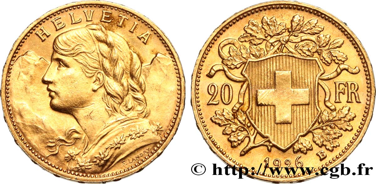 SWITZERLAND 20 Francs  Vreneli  1926 Berne AU 